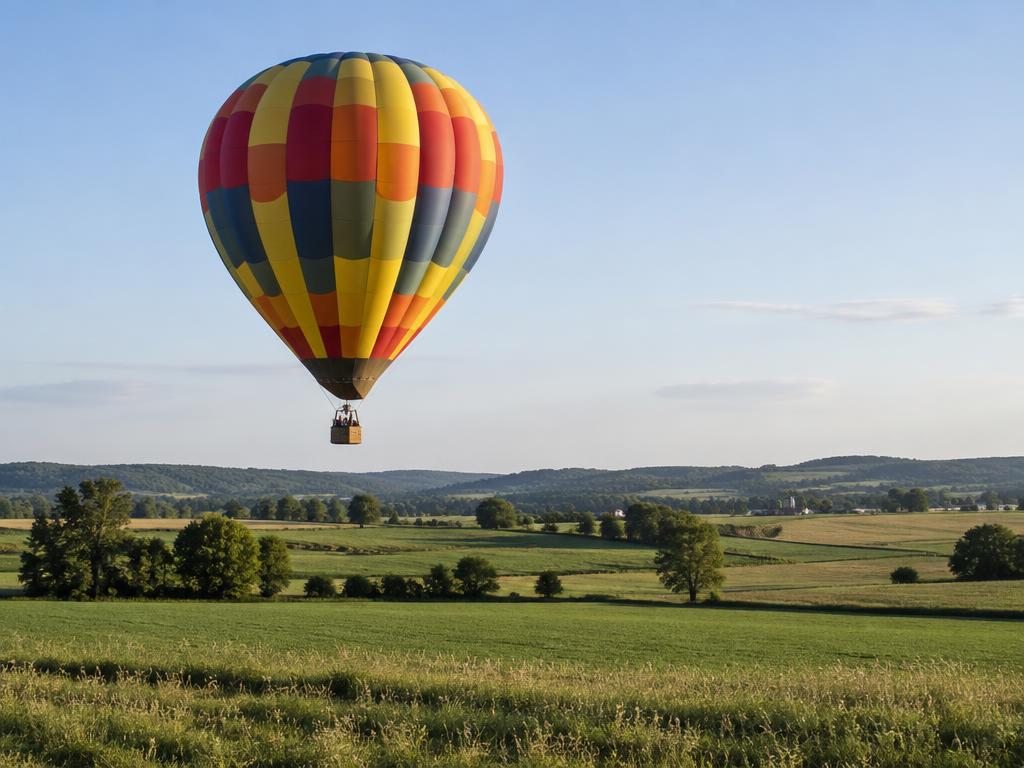Hot-air balloon flying above open farmland with landing areas in view